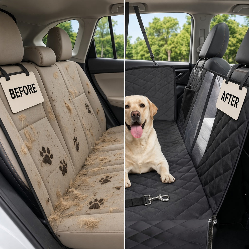 Before and after: seat protected by Pawmova