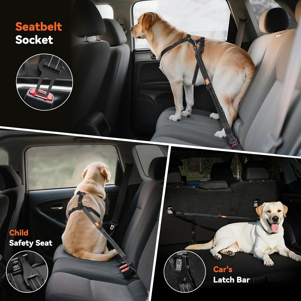 2Pcs Dog Seat Belt, Dog Car Seat Belt Bungee for Pet, Black