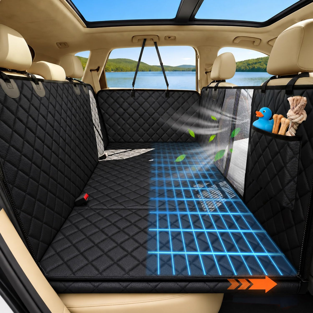 Pawmova Waterproof Back Seat Dog Hammock with Scratch-Resistant Design, Mesh Window, and Seat Belt Safety Features